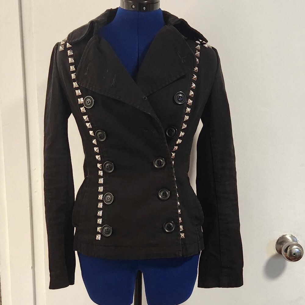 Black denim jacket with studs and spikes and red snakeskin design size 6